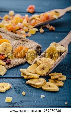 Dried fruits - best start of day with yogurt - bananas apricots, papaya, crenberries, bio quality.