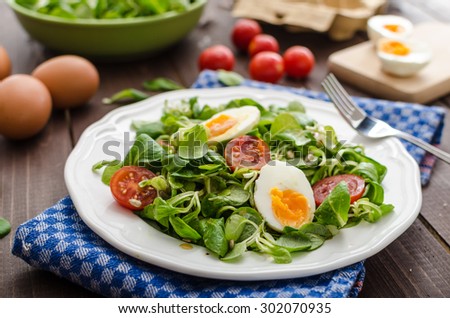 Lambs lettuce salad, hard-boiled eggs, tomatoes and honey mustard dressing