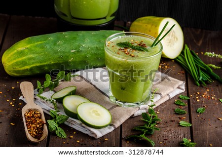Cucumber smoothie with herbs and chili flakes, sweet and spicy smoothie with mint