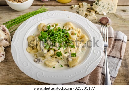 Tortellini with blue cheese sauce, little chive and parsley on top, nice and delicious food