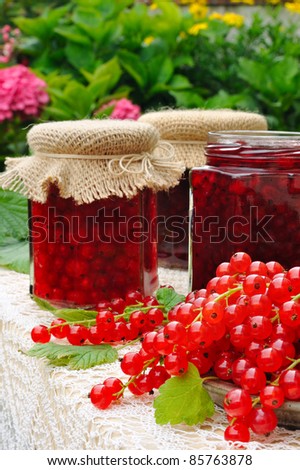 Jars of homemade red currant jam with fresh fruits