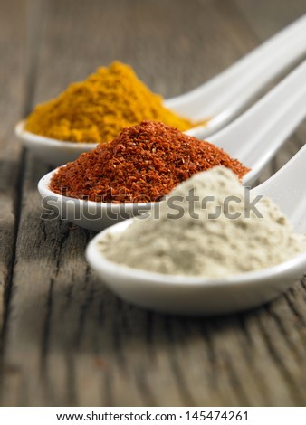 Turmeric ,white pepper and chili powder in spoon