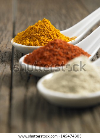 Turmeric ,white pepper and chili powder in spoon