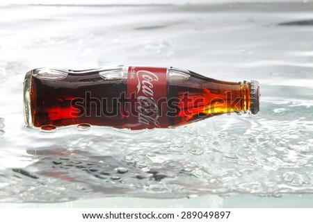 kuala Lumpur,Malaysia 16th April 2015,Editorial photo of Classic Coca-Cola Bottle with water splash