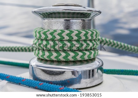 Sail yacht - close up on winch and green rope