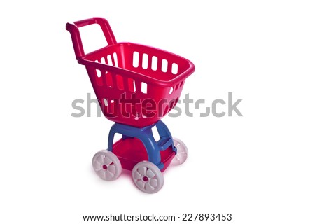 Red doll stroller isolated on white