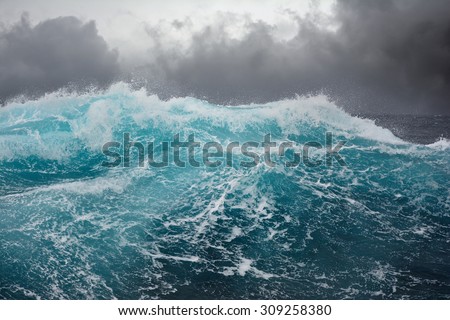 Dark clouds and crashing ocean waves during storm in the atlantic ocean