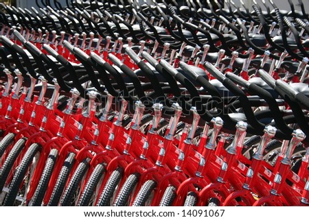 Hilton Head, NC - March 16:  Several rows of red rental bicycles in Palmetto Dunes, Hilton Head, NC March 16, 2008.  Hilton Head Island contains nearly 50 miles of public pathways and nature trails.