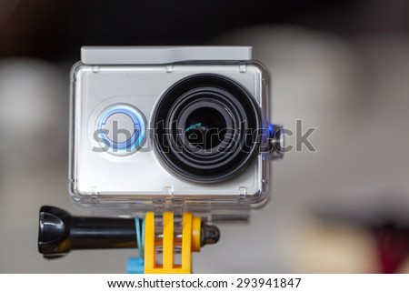 BANGKOK, THAILAND - JULY 6, 2015:Photo of Xiaomi Yi Action Camera White Water Resistant Set on Bokeh Background, lightweight action camera by Xiaomi (China)