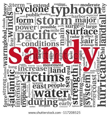 Sandy hurricane concept in word tag cloud on white