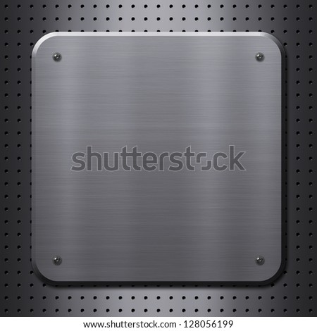 Metal plate with rivets on metal mesh background or texture