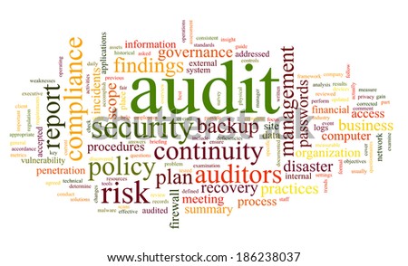 Audit and compliance  in word tag cloud on white