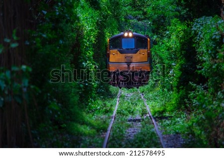 Same Train running in Natural  tunnel of love formed by trees. in bangkok,Thailand
