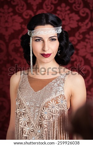 Portrait close up of young beautiful woman, vintage style,\
evening dress