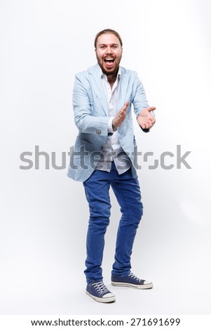 man in a suit on a white background, claps, applauds, rejoice, happiness, hello, attracts