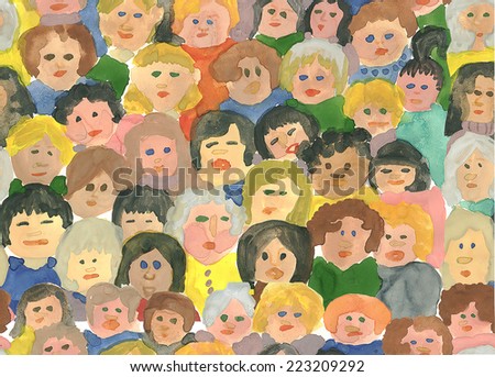 Seamless background with women\'s faces, hand-drawn by paint