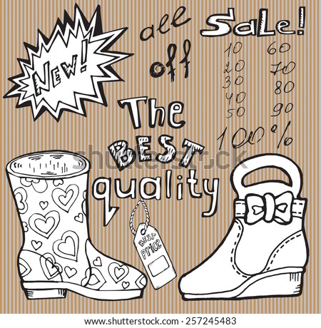 Vector set of black and white objects. Outline of models of shoes, decorative objects, handwritten inscriptions on striped background.