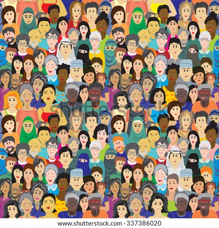 Seamless vector pattern with a crowd of people of different ages, races and nationalities. Man, women, grandmothers, grandfathers, boys, girls in colorful clothes
