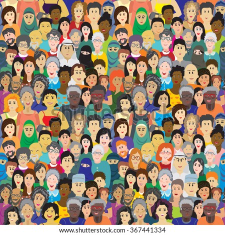 Seamless vector pattern with a crowd of people of different ages, races and nationalities. Men, women, grandmothers, grandfathers, boys, girls in colorful clothes