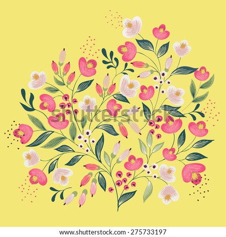 Vector illustration of a floral circle bouquet with colorful flowers. Yellow background