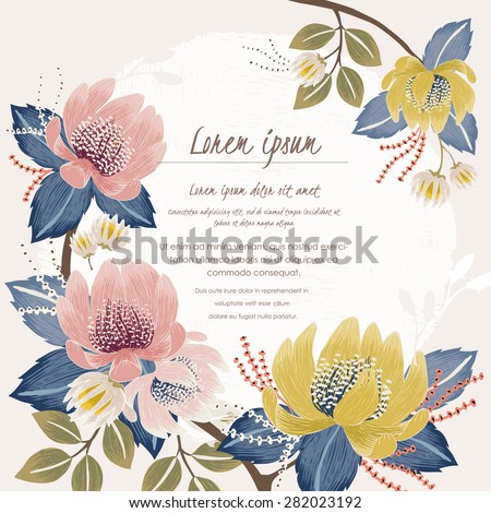 Vector illustration of a beautiful floral border with spring flowers. Pink and yellow flowers.