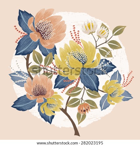 Vector illustration of a beautiful floral bouquet with spring flowers. Yellow and baby pink flowers.