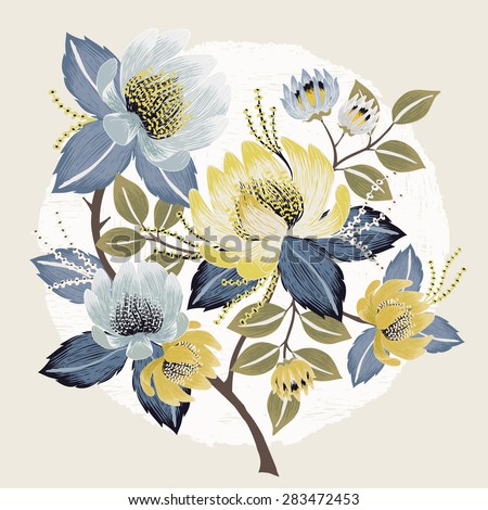 Vector illustration of a beautiful floral bouquet with spring flowers. Yellow and light blue flowers.