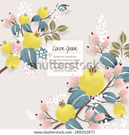 Vector illustration of a beautiful floral border with spring flowers. Yellow and baby pink flowers.
