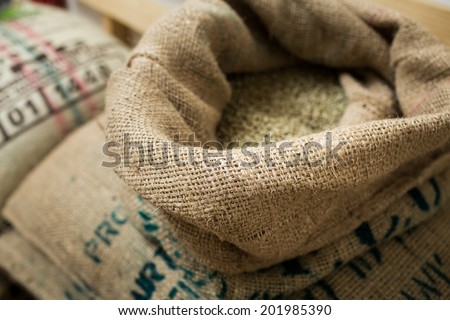 Green coffee beans in coffee bag in roasting room