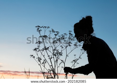 Silhouette of beautiful woman posing at sunset with flower in the field in countryside