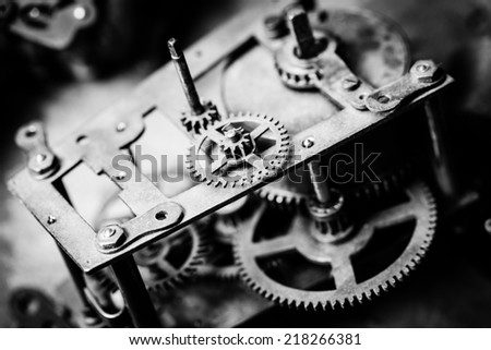 Macro shot of the clock mechanism. Black and white photography.