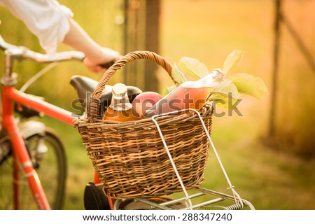 Detail of the basket with fresh food on the bike. Color toned image.