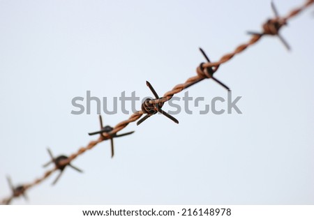 Barbed wire in evening sun, reaching from corner to corner.
