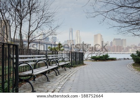 Brooklyn Bridge Park Bench and Walkway with Manhattan Skyline