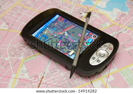 GPS navigator on a topographical map background