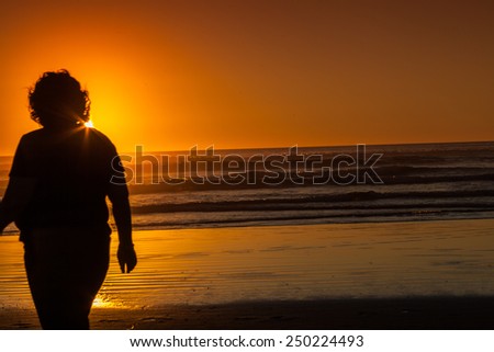 Figure Sunset: the figure, a silhouette of a female walking by the beach at sunset