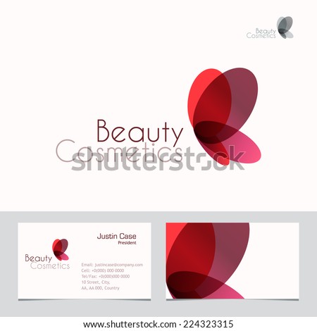 Red Butterfly vector sign & Business Card template. Vector icon for Beauty Industry, Beauty Salon, Cosmetic labeling, Beauty Boutique. Corporate identity template. Femininity, beauty, freedom concept