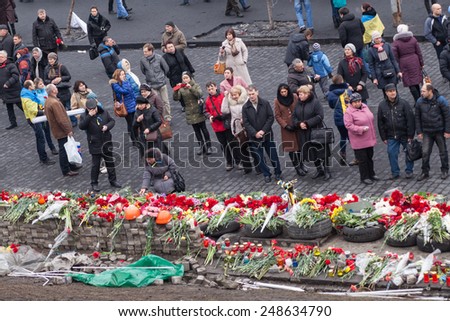 Kyiv - February 23: Flowers in memory of murdered on Euromaidan. Ukrainian protests. February 23, 2014 in Kyiv