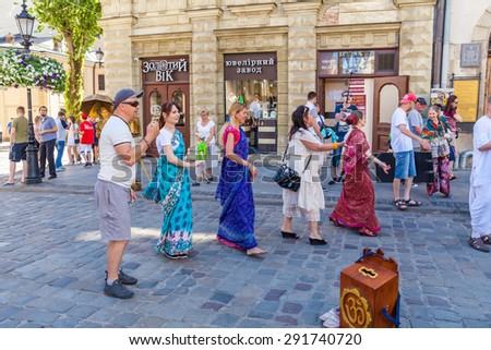 Lviv - June 06: Performance of Hare Krishnas at Market Square, June 6, 2015, Lviv, Ukraine