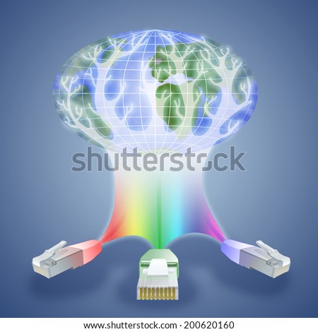 Illustration of modern technologies that have become available anywhere in the world. Three cable network like the three whales that keep the planet, are the basis of modern civilization