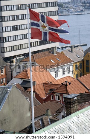 Norwegian flag flying above Stavanger, Norway