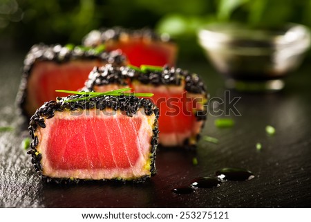 Fried tuna steak in black sesame