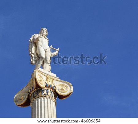 Neoclassical statue of ancient Greek god of the sun, Apollo, outside the Academy of Arts in Athens, Greece, with copyspace.