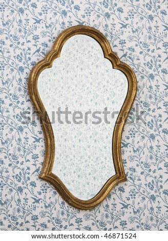 Golden Mirror Frame on Wall with Victorian Wallpaper