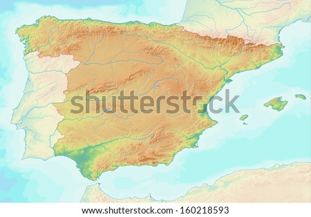 a map showing the topography of Spain without labels. Terrain shading derived from NASA data. Full resolution gives approximately 1:1.600.000 scale.