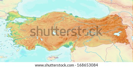 a map showing the topography of Turkey without labels. Terrain shading derived from NASA data.