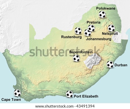 A map of South Africa showing the location of the venues of the coming Soccer World Cup 2010.
