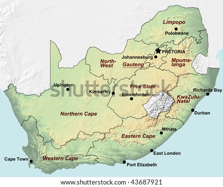 A topographic map of South Africa with shaded relief and hypsometric tints including the borders of the provinces and the major cities.