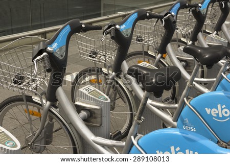 LUXEMBOURG MAY 2: close up of bikes locked at a public bike rental terminal run by the bike sharing company veloh in Luxembourg on May 2nd, 2015.