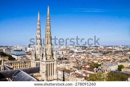 cityscape of Bordeaux, France,  with the tower of the St. Andrew's Cathedral